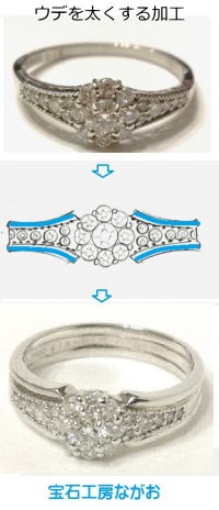ダイヤリング　細いウデを補強　宝石工房ながお