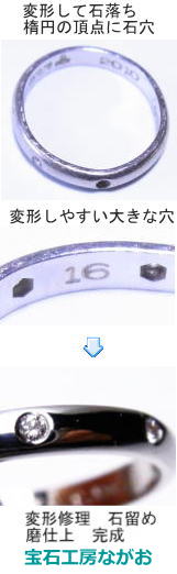 枠が変形してダイヤが落ちた指輪の修理　宝石工房ながお