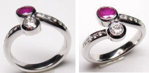 ルビーとダイヤの交差リング　手作り　宝石工房ながお